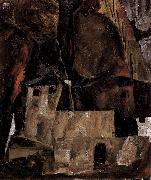 Egon Schiele Mauer und Haus vor hugligem Gelande mit Zaun oil painting on canvas